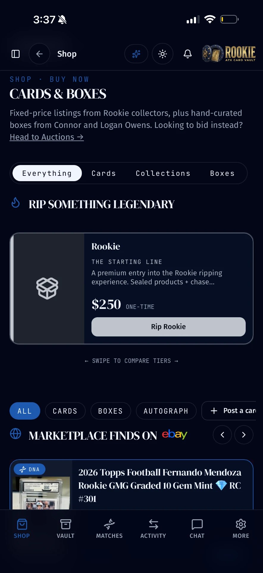 Rookie shop screen showing cards, boxes and marketplace finds