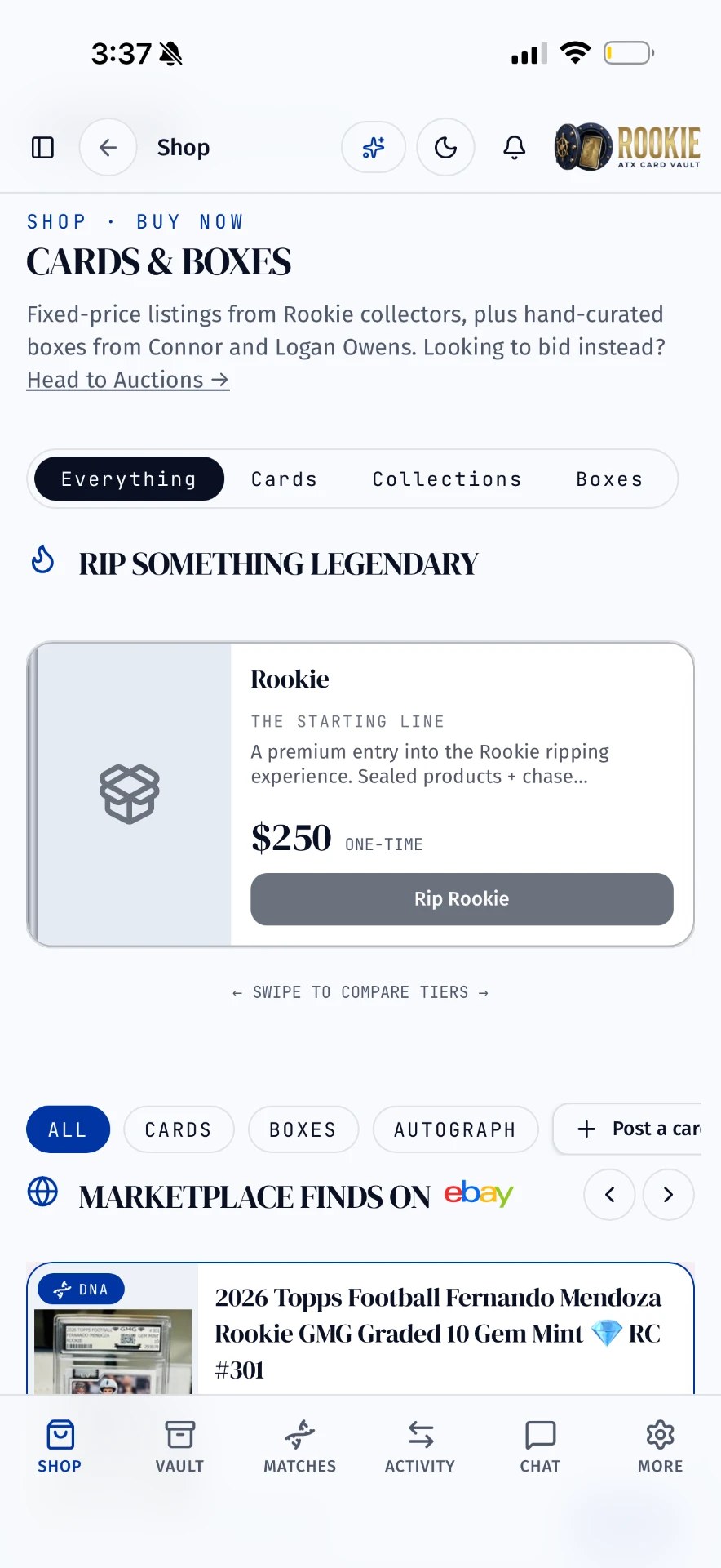 Rookie shop screen showing cards, boxes and marketplace finds