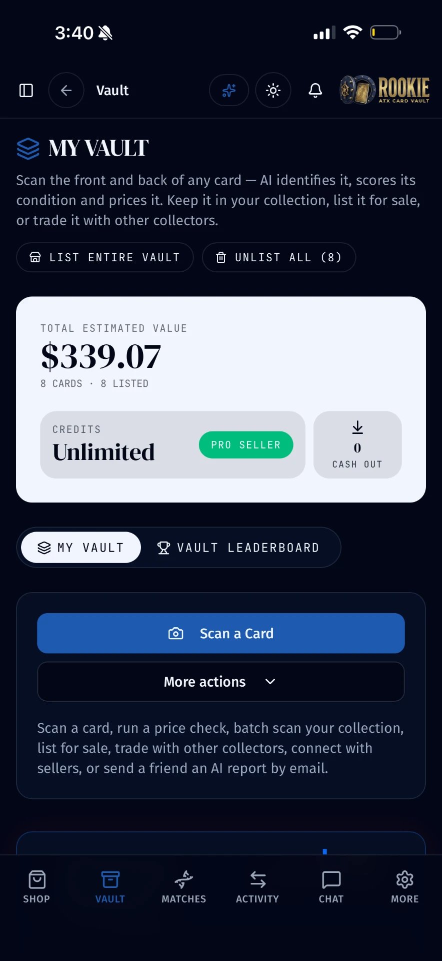 Rookie app vault screen showing total estimated value and scan actions