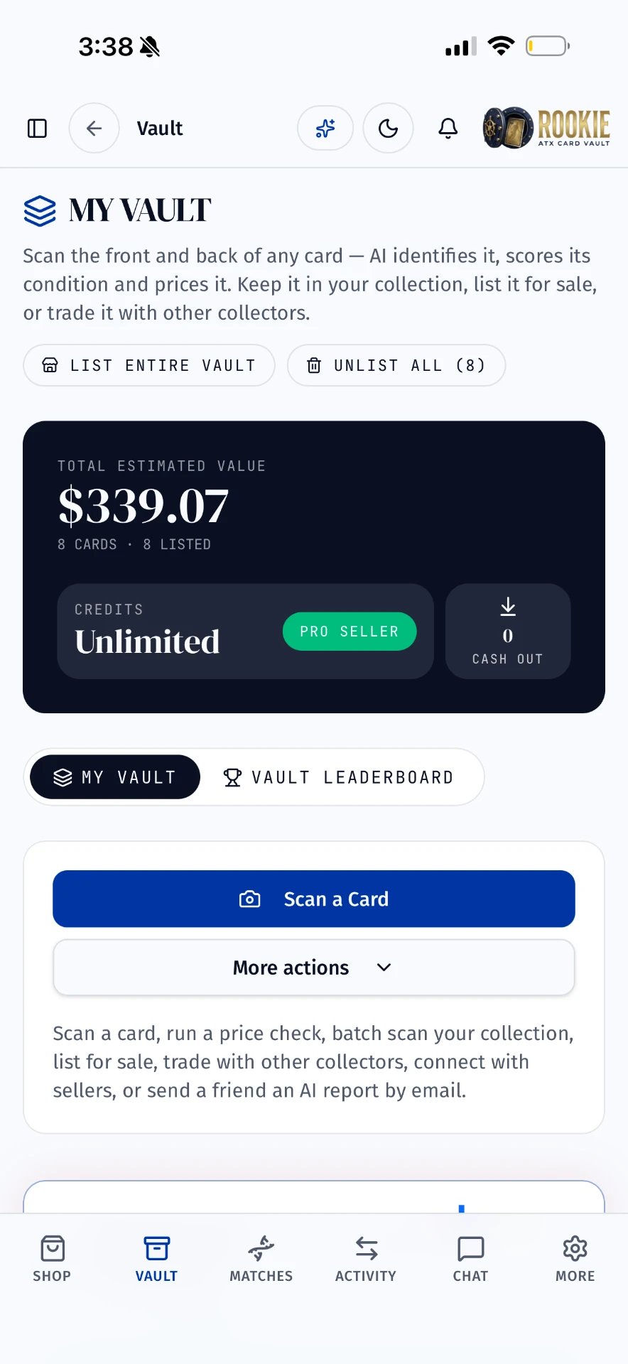 Rookie app vault screen showing total estimated value and scan actions