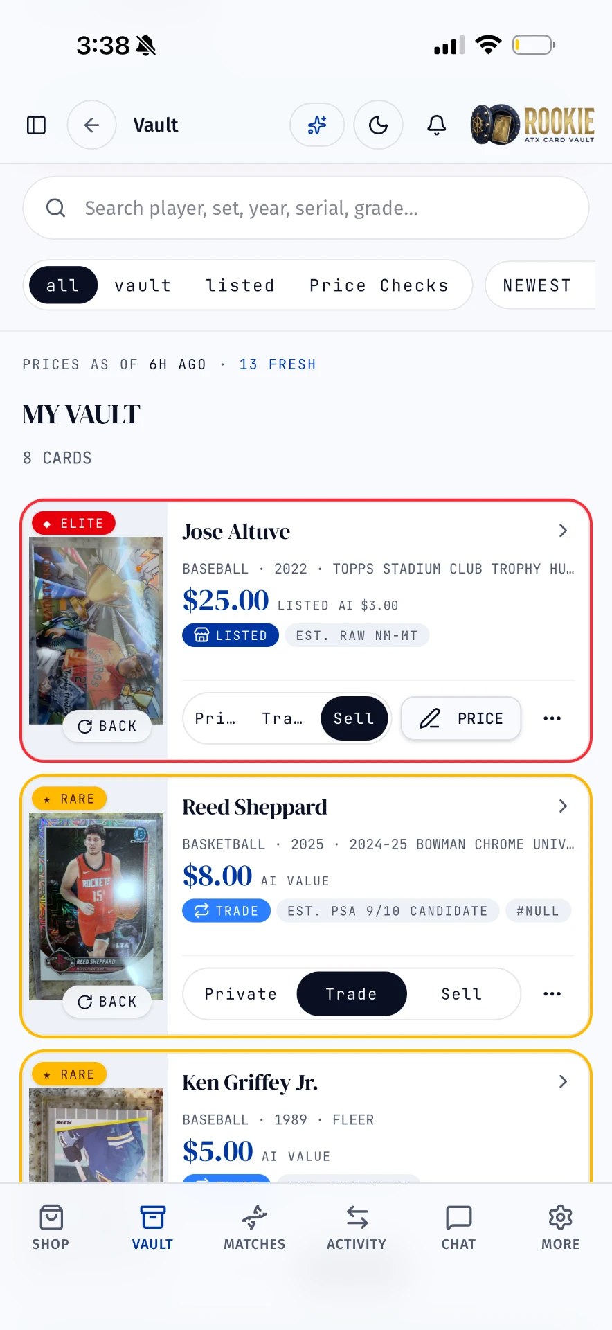 Rookie Vault mobile app screen showing collection value, credits, and card scanning